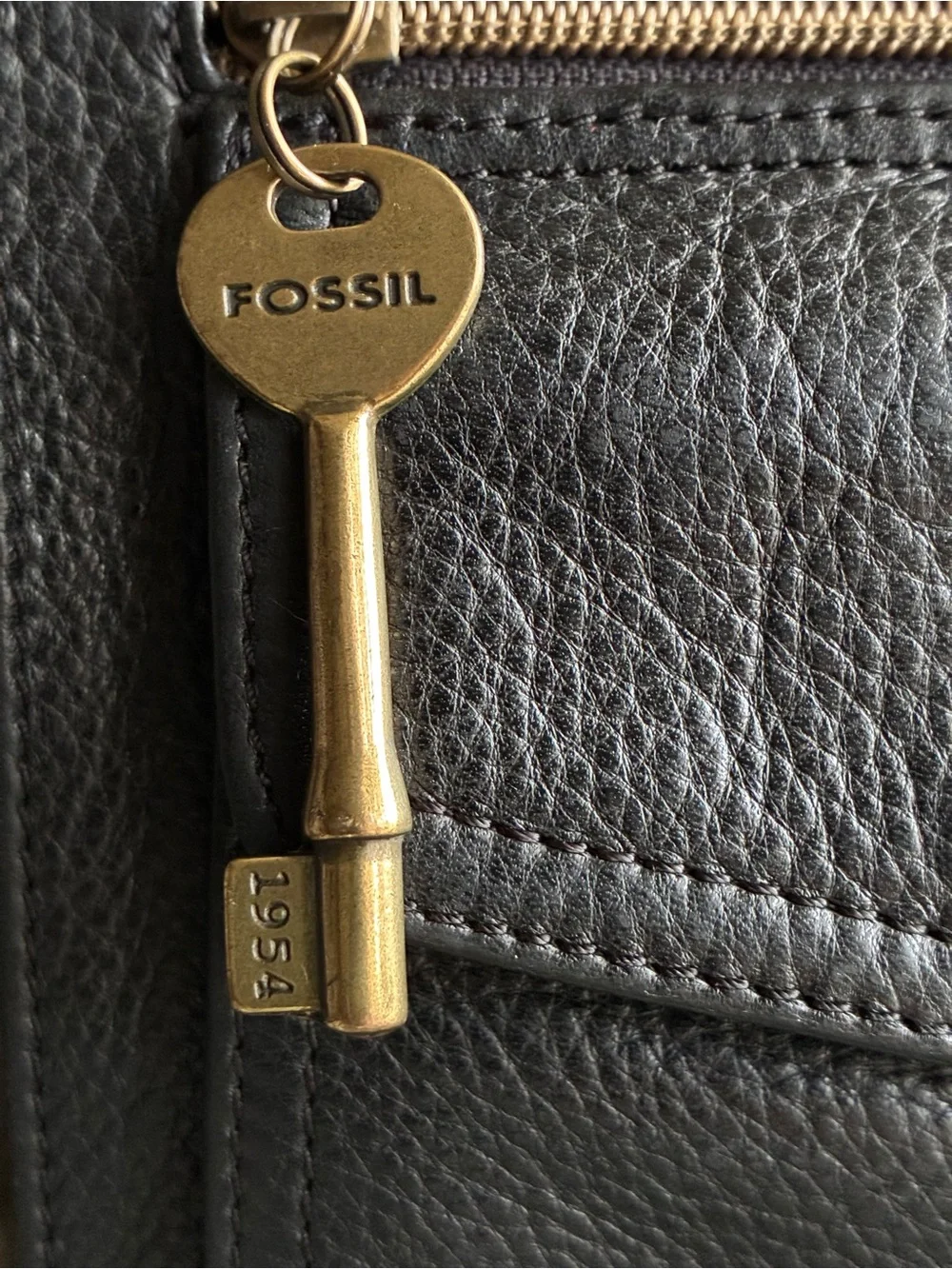 Fossil Black Leather Crossbody Bag with Brass Key Charm
